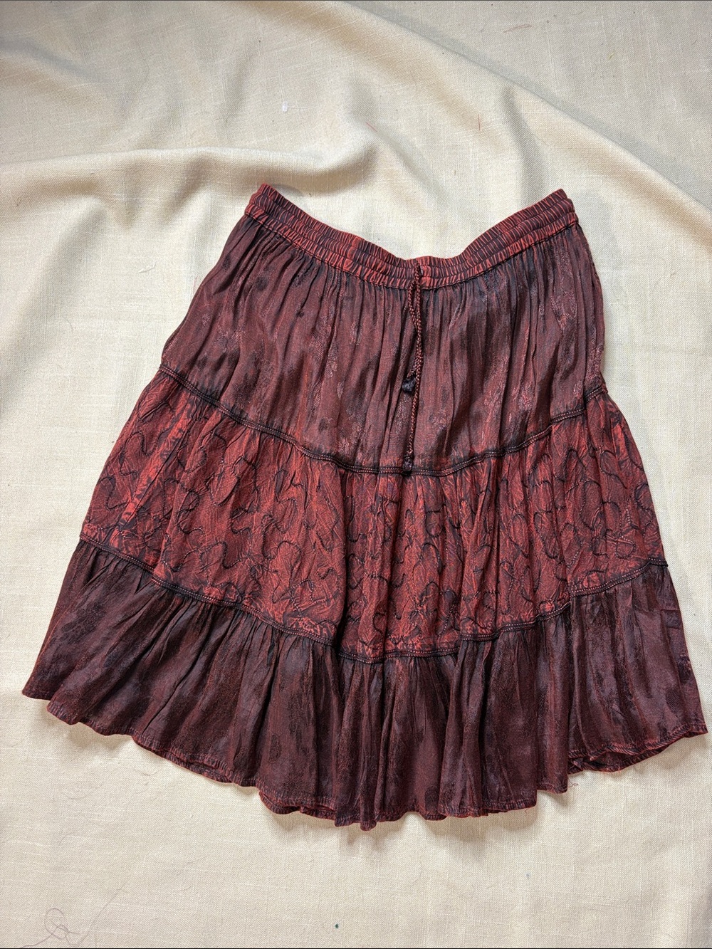 Bohemian Red Tiered Skirt with Elastic Waist